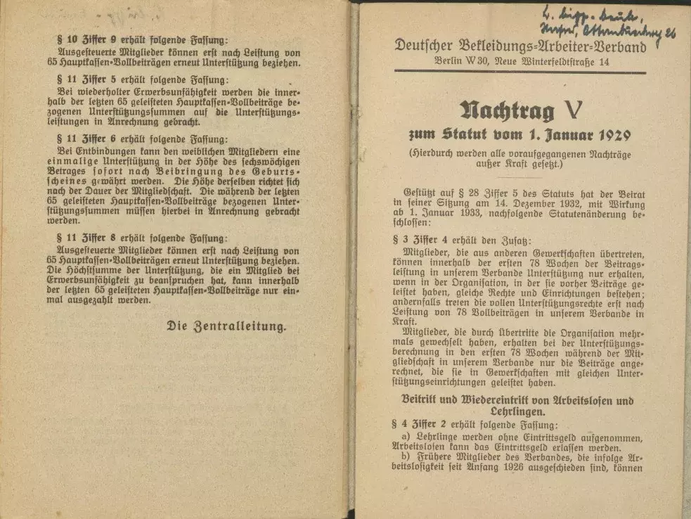 Statut des Deutschen Bekleidungsarbeiter-Verbandes, gültig ab 1. Januar 1929