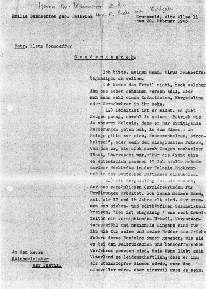 Maschinengeschriebenes Gnadengesuch von Emilie Bonhoeffer an den Reichsminister der Justiz vom 20. Februar 1945.