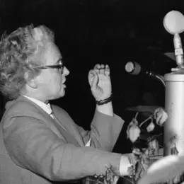 Liesel Kipp-Kaule steht an einem Rednerpult und spricht. Mit ihrer linken Hand gestikuliert sie.