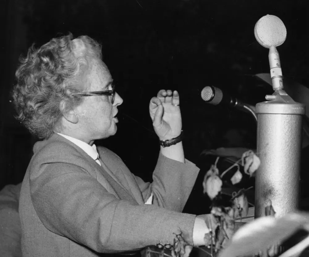 Liesel Kipp-Kaule steht an einem Rednerpult und spricht. Mit ihrer linken Hand gestikuliert sie.