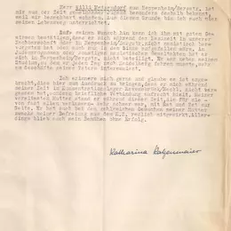 Maschinengeschriebenes Entlastungsschreiben von Katharina Katzenmaier für ihren Bekannten und späteren Bürgermeister von Heppenheim, Wilhelm Metzendorf.