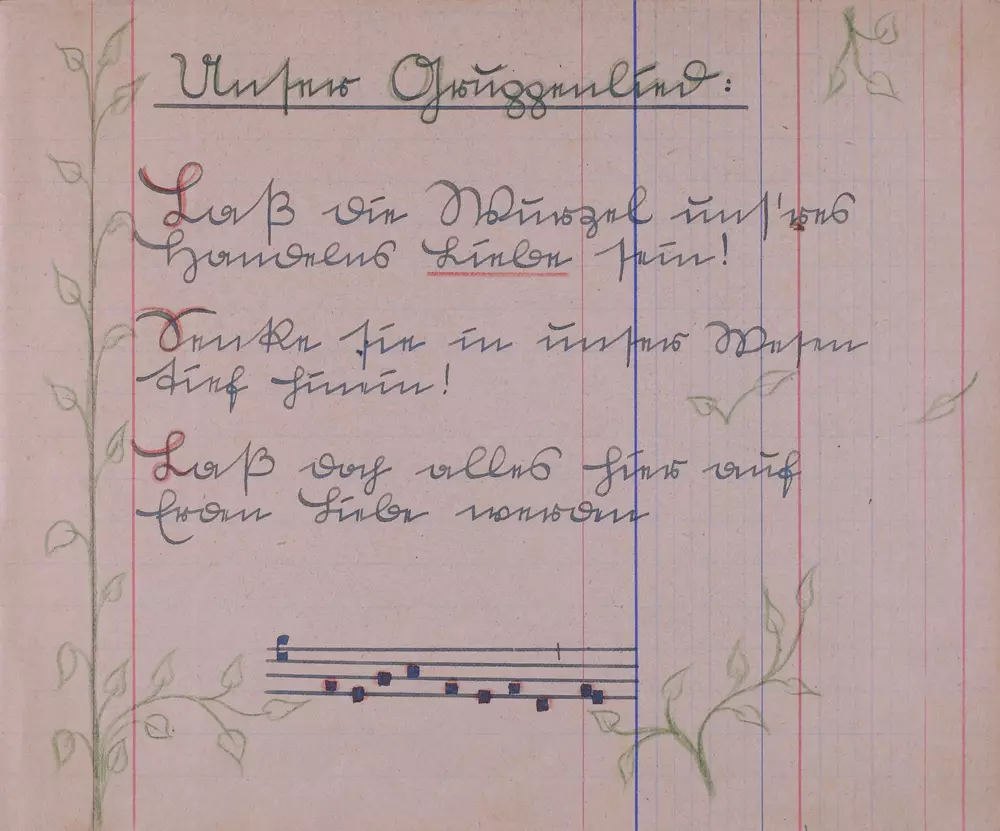 Ein handgeschriebenes Lied in Sütterlin mit drei Strophen, darunter Musiknoten. Text siehe Umschrift.