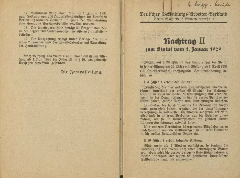 Statut des Deutschen Bekleidungsarbeiter-Verbandes, gültig ab 1. Januar 1929